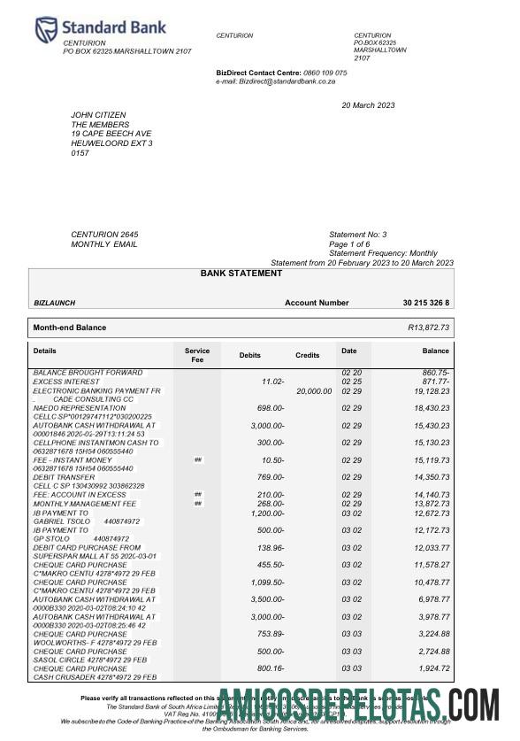 Extrato bancário padrão dos EUA em branco, modelo Word e PDF, 6 páginas